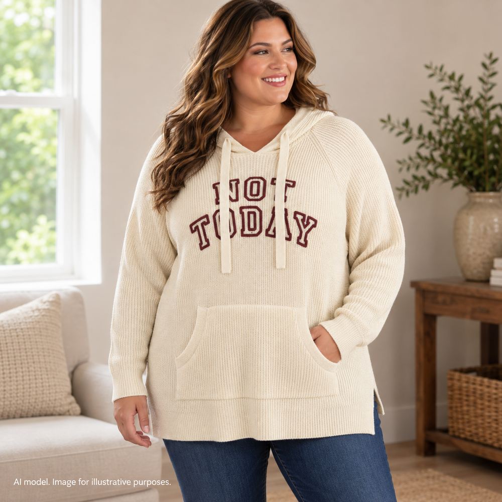 Torrid Sweater Womens 2X Beige Hooded Novelty Embroidered Not Today Rhinestone